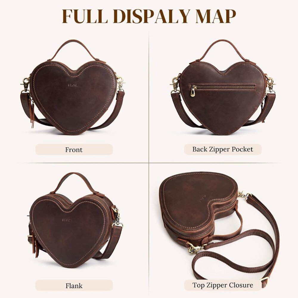 Leather Crossbody Bag Women Heart Shaped Purse Small Handbag Adjustable Strap - Picture 6 of 7